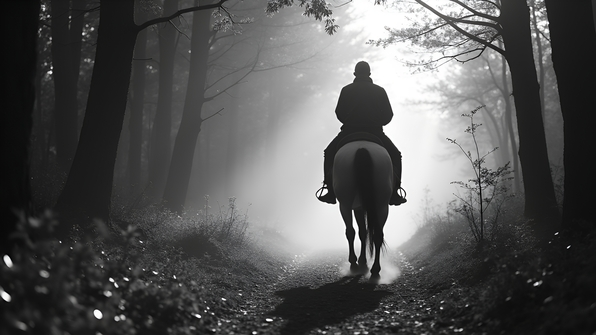 Black and White Horse Riding Through Misty Forest