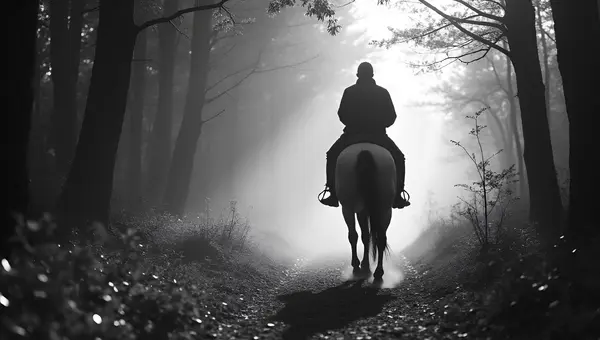 Black and White Horse Riding Through Misty Forest