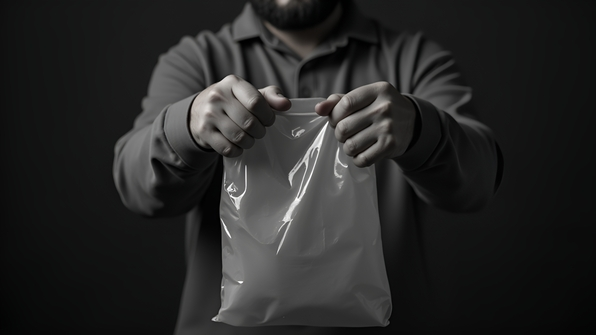 Black and white image of person gripping a translucent plastic bag