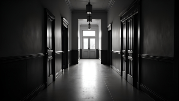 Black and white long empty hallway with vintage doors and natural light