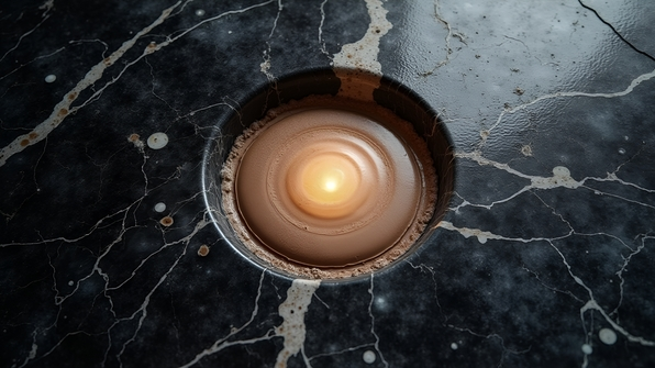 Close-up of black and white marble texture with a smooth light brown center and natural stone patterns