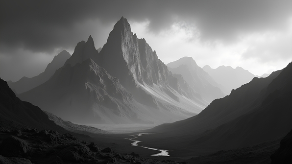 High-contrast black and white mountain landscape illustration with detailed peaks and sharp ridges