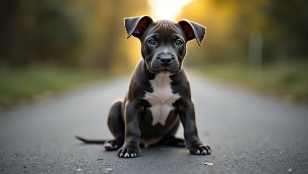 Black and White Pitbull Puppy Sitting Outdoors