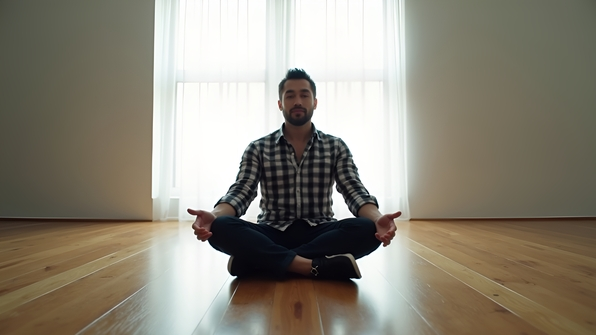A man wearing a black and white plaid dress shirt sits cross-legged on a polished brown wooden floor in a bright, minimalist room