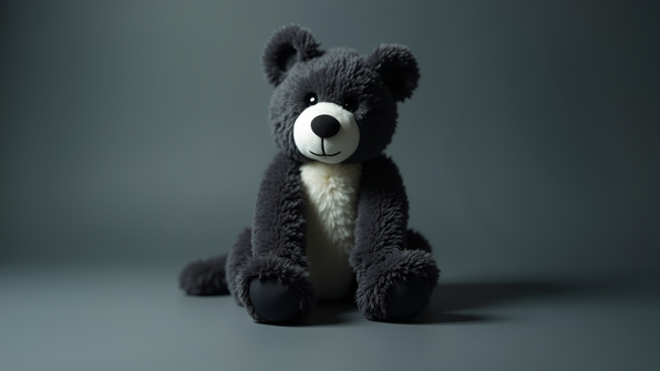 Soft cuddly black and white plush animal toy with detailed fur texture sitting upright