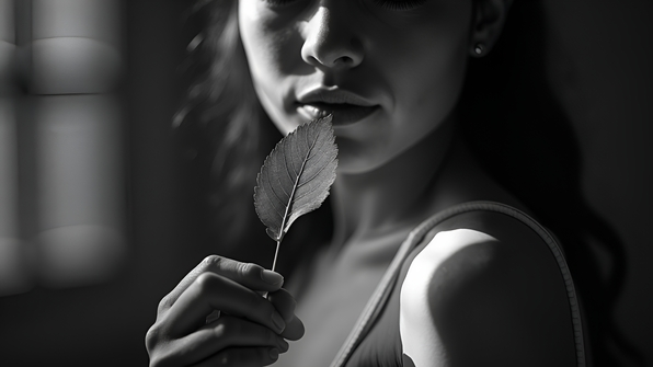 Black and white portrait of a person gently holding a single leaf with soft natural lighting emphasizing texture and contrast