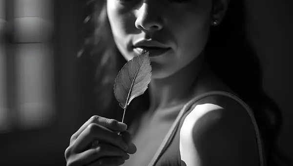 Black and White Portrait Holding Leaf