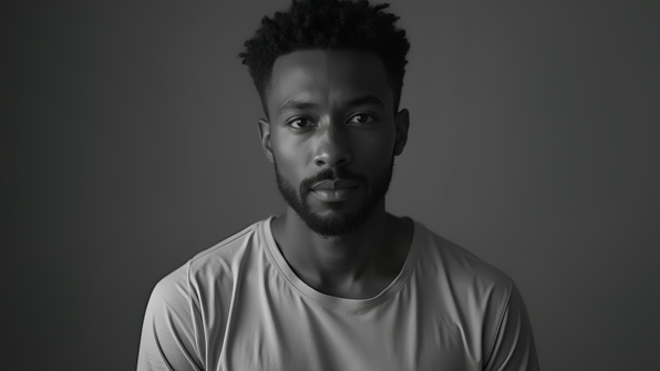 Black-and-white portrait of a man wearing a simple crew-neck shirt with soft lighting and a neutral background
