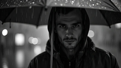 Black and White Portrait of Man with Umbrella