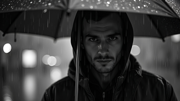 Black and white portrait of a man standing under an umbrella in the rain with dramatic lighting and a blurred city background