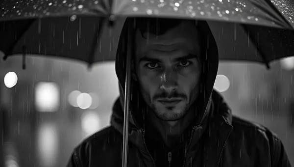 Black and White Portrait of Man with Umbrella