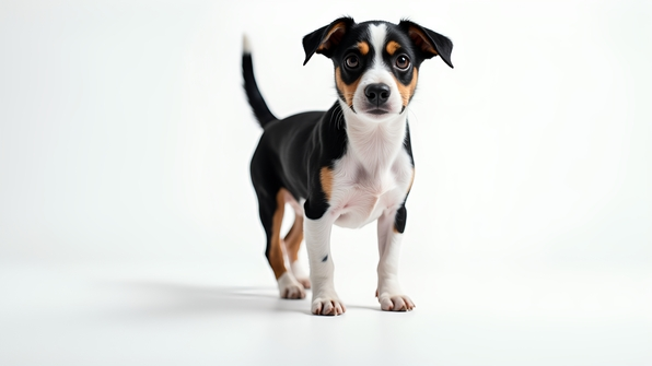 Black and white small dog standing alert on a white background with distinctive markings and expressive eyes