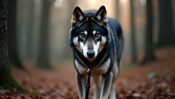 Black And White Wolf With Leash In Forest