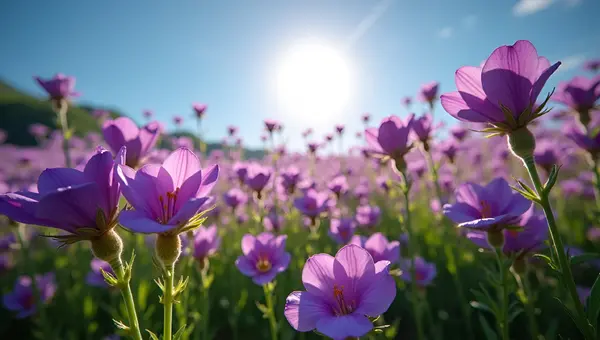 Blooming Purple Flowers Field in Sunlight