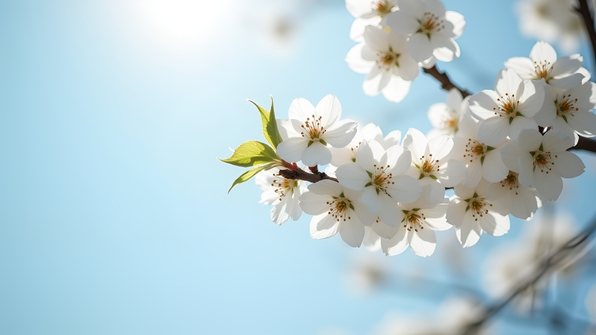 Blooming white plum tree with delicate flowers against a soft blue sky