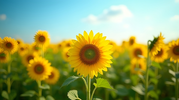 Blooming yellow sunflowers under a clear blue sky on a bright sunny day
