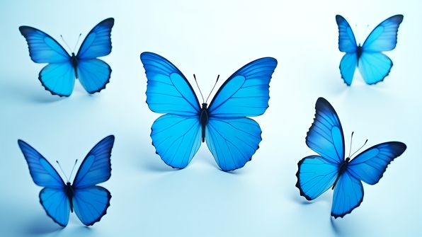 A collection of blue butterfly stickers with intricate wing patterns arranged on a white background