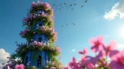 Blue Green Tower with Vibrant Climbing Flowers
