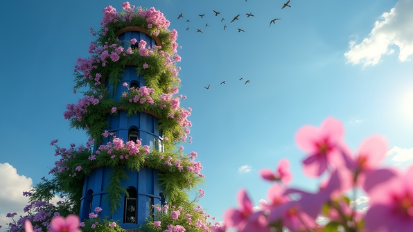 A tall blue and green tower with vibrant climbing pink and white flowers against a clear sky