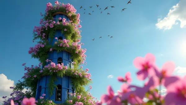 Blue Green Tower with Vibrant Climbing Flowers
