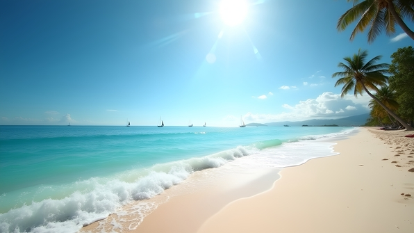 Blue ocean waves gently lapping a sunny sandy beach with sailboats and palm trees under a clear sky