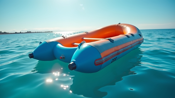 Blue and orange inflatable boat floating gently on clear calm water under a bright sunny sky