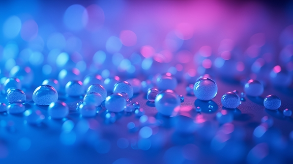 A vibrant blue and purple gradient background with floating translucent, shimmering water bubbles of various sizes