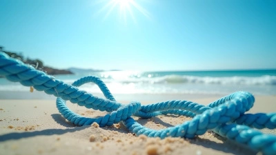 Blue Rope on Sandy Beach with Ocean Waves