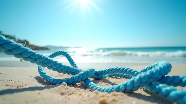 A vibrant blue rope resting on a sandy beach with crystal-clear ocean waves in the background