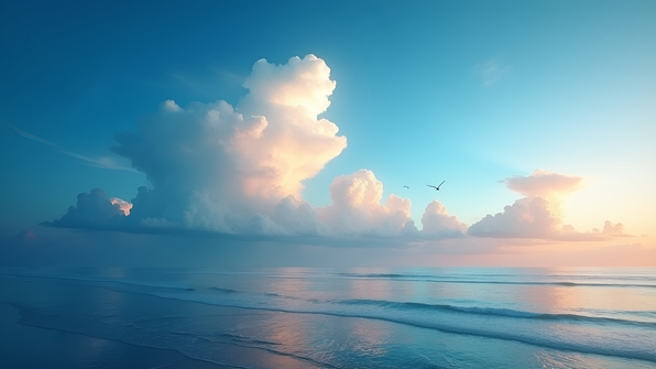 A vibrant blue sky with soft white clouds over a calm ocean reflecting the serene hues of dawn