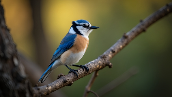 A vibrant blue and white bird perched on a textured brown tree branch with a soft, blurred natural background
