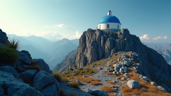 A blue and white dome-shaped building perched atop a rugged gray mountain under a clear sky