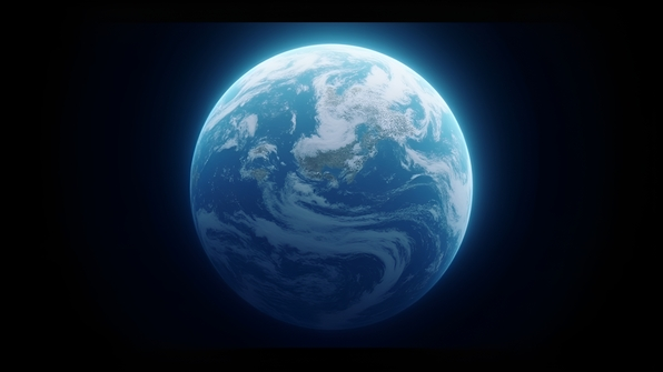 A blue white Earth globe with detailed continents and swirling clouds against a black space background