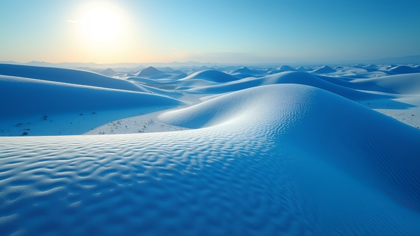 Blue and white sand dunes landscape under a clear sunny sky with natural patterns