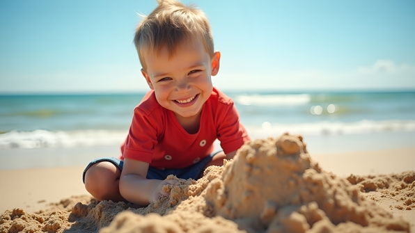 A cheerful boy building sandcastles on a sunny beach with gentle waves and clear blue sky