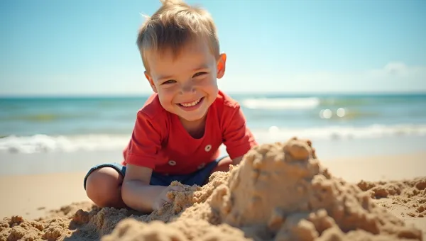 Boy Building Sandcastles On Sunny Beach