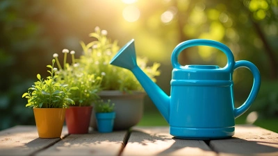 Bright Blue Watering Can With Green Plants