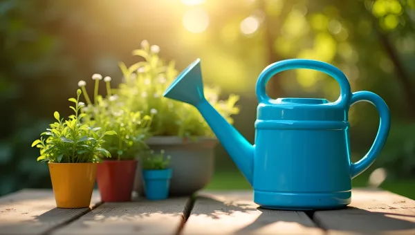 Bright Blue Watering Can With Green Plants