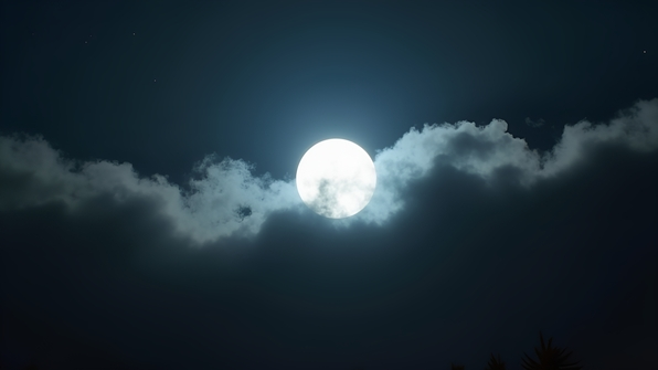Bright full moon partially obscured by thick, wispy clouds in a dark, starless night sky
