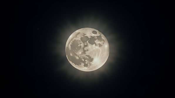 Bright full moon glowing vividly against a dark night sky showing detailed craters and textured surface