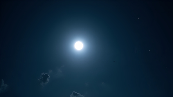 A bright full moon shining vividly against a dark, star-speckled night sky with subtle clouds drifting gently