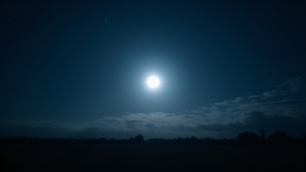 Bright full moon glowing in a clear dark night sky with faint stars and wispy clouds over a tranquil landscape