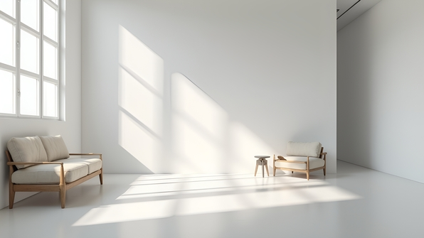 Bright minimalist room with smooth white-painted walls and natural light through large windows