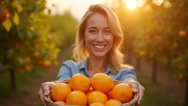 Bright Orange Fruit Basket In Sunlit Orchard