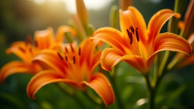 Bright Orange Lily Flowers In Bloom With Green Leaves