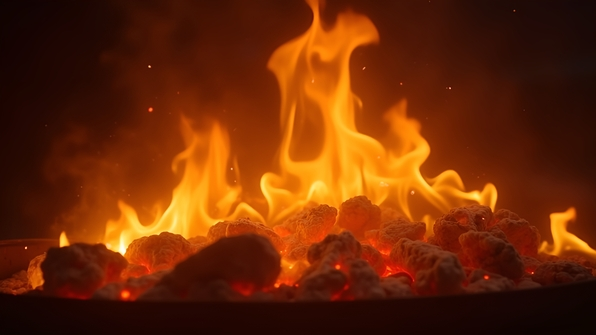 Close-up of bright orange and yellow flames flickering against a dark background with glowing embers