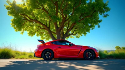 Bright Red Car Parked Under Green Tree