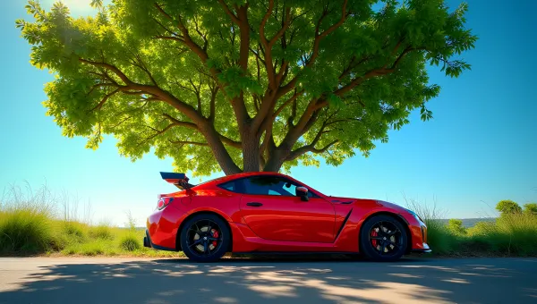 Bright Red Car Parked Under Green Tree