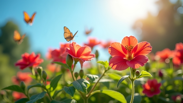 Bright red flowers blooming vibrantly in sunlight in a serene garden with green leaves and clear blue sky