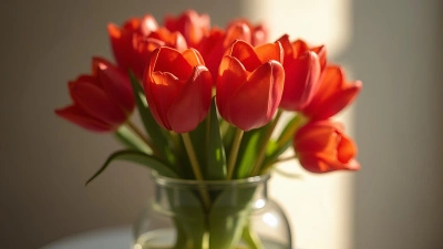 Bright Red Tulip Bouquet In Glass Pitcher